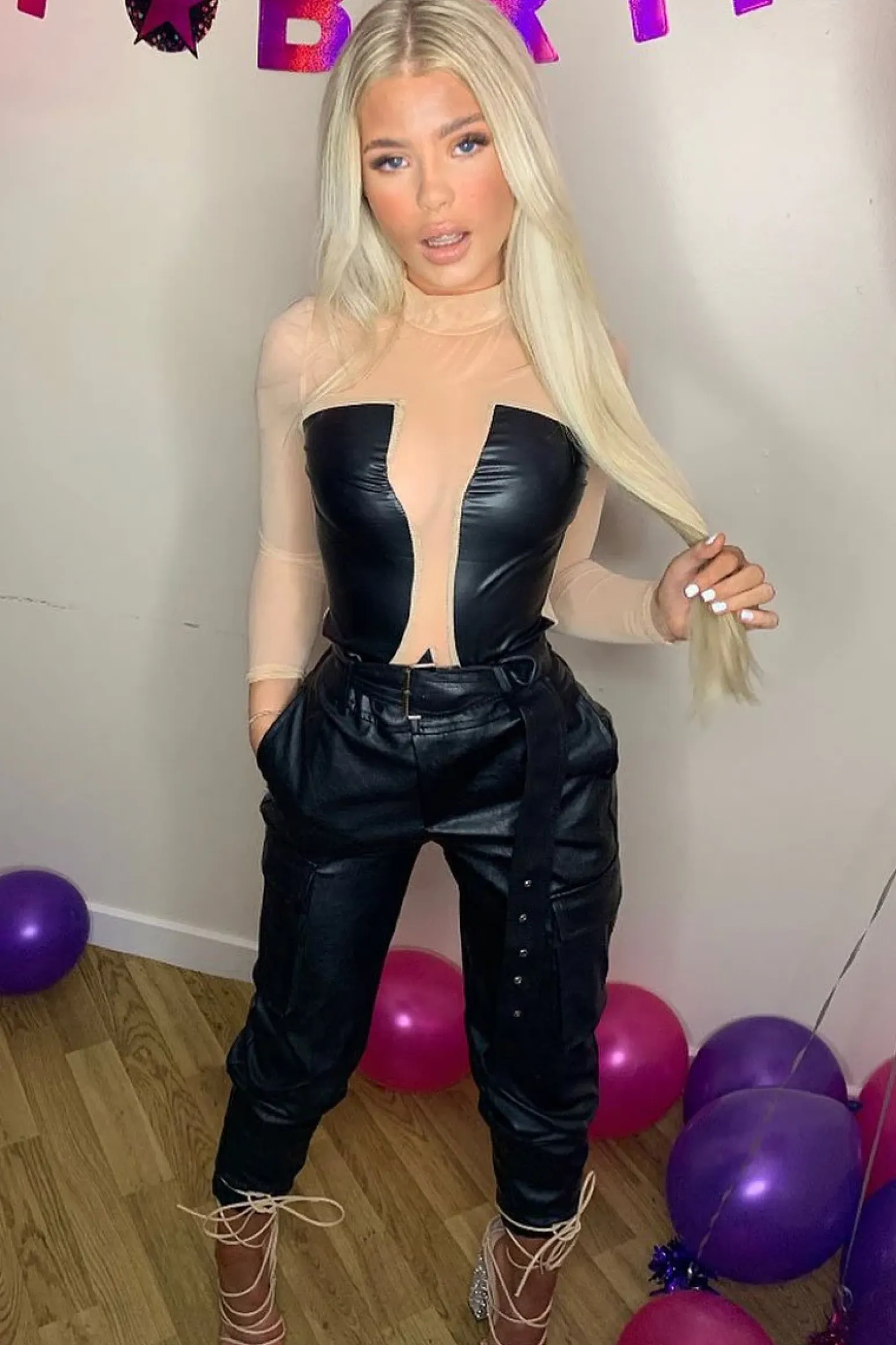 Rebellious Fashion Nude Mesh Black Faux Leather Panel Bodysuit - Reily