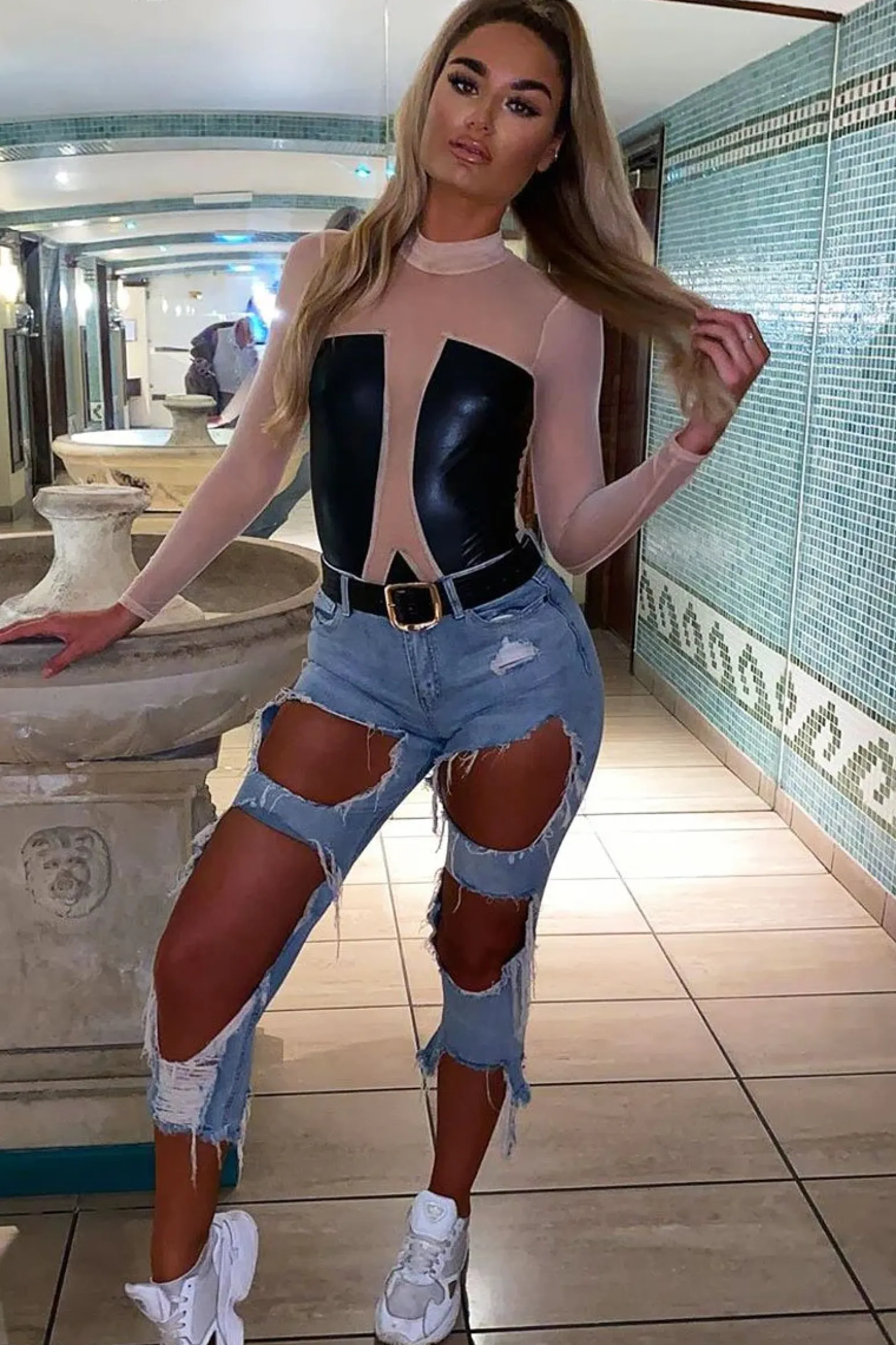 Rebellious Fashion Nude Mesh Black Faux Leather Panel Bodysuit - Reily