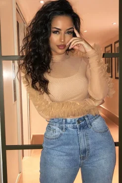 Rebellious Fashion Nude Mesh High Neck Frill Sleeve Bodysuit - Carla