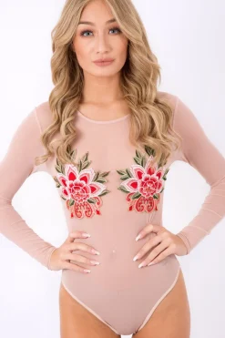 Rebellious Fashion Nude Mesh Long Sleeved Embroidered Bodysuit - Bonnie
