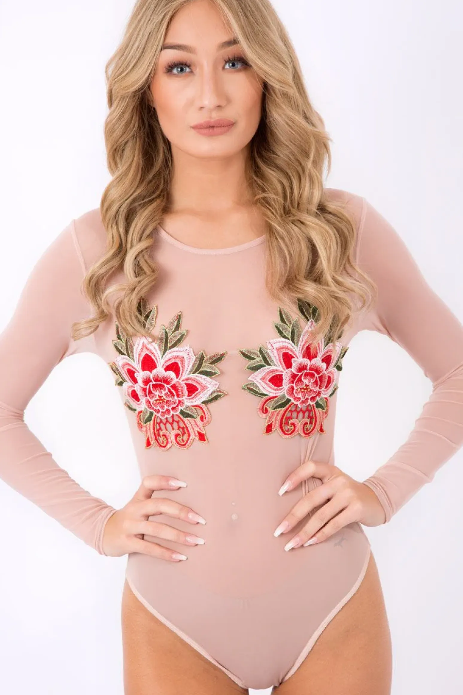 Rebellious Fashion Nude Mesh Long Sleeved Embroidered Bodysuit - Bonnie