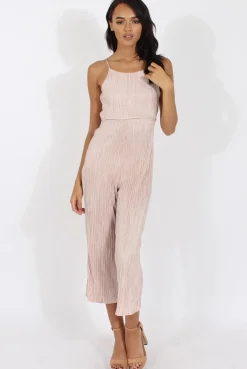 Rebellious Fashion Nude Metallic Pleated Cropped Jumpsuit - Arabella