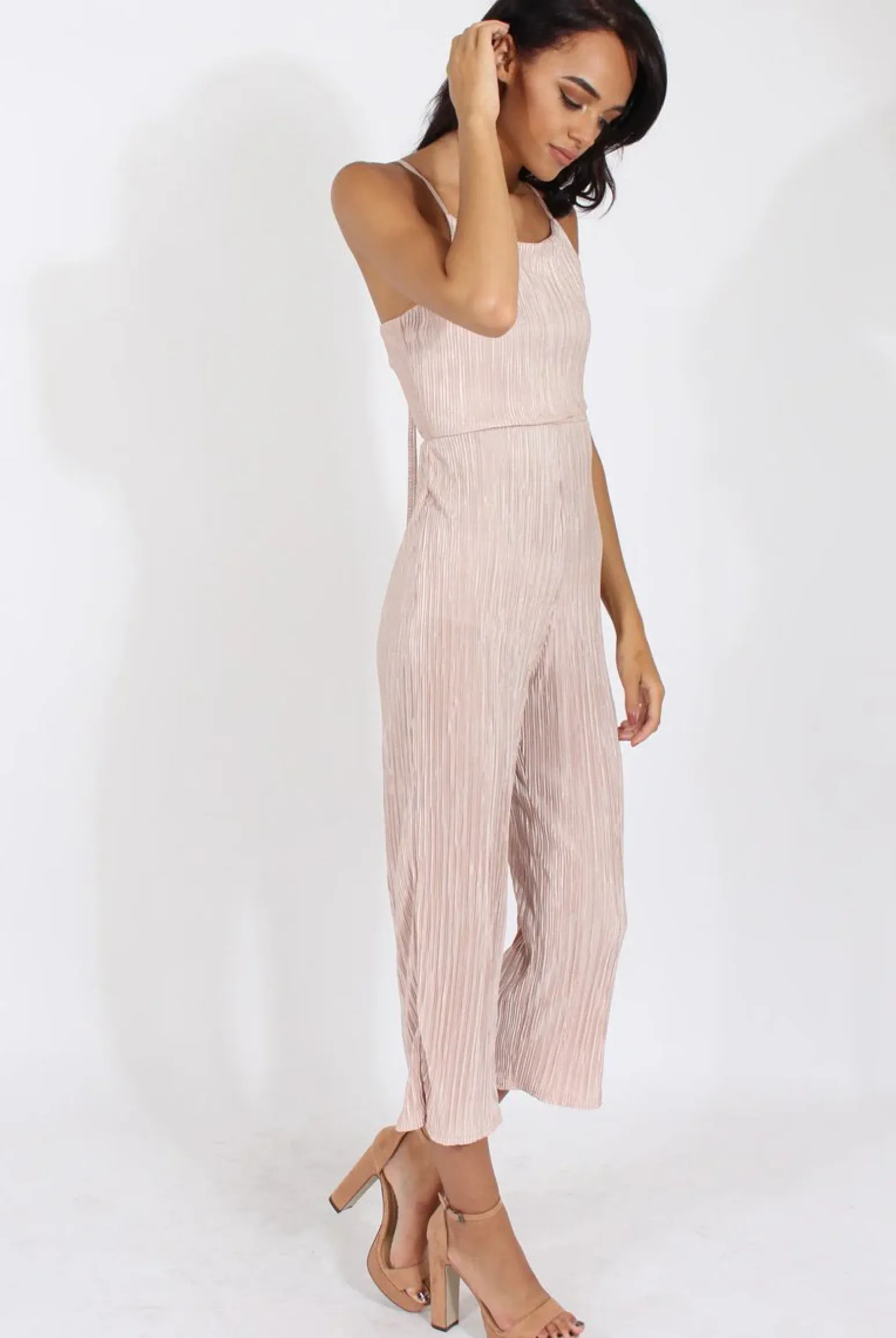 Rebellious Fashion Nude Metallic Pleated Cropped Jumpsuit - Arabella