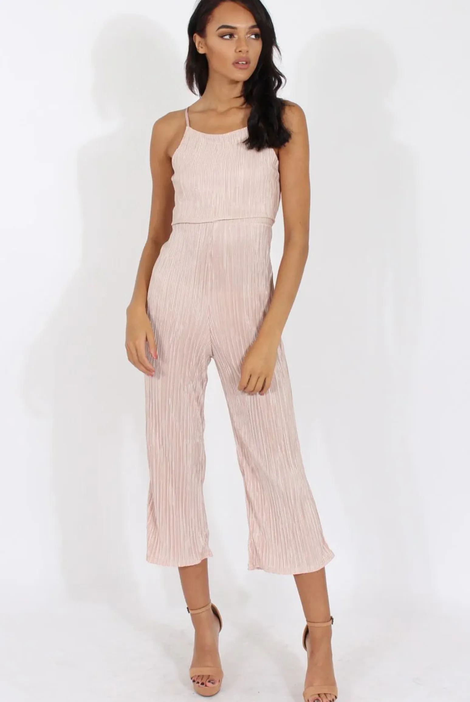 Rebellious Fashion Nude Metallic Pleated Cropped Jumpsuit - Arabella