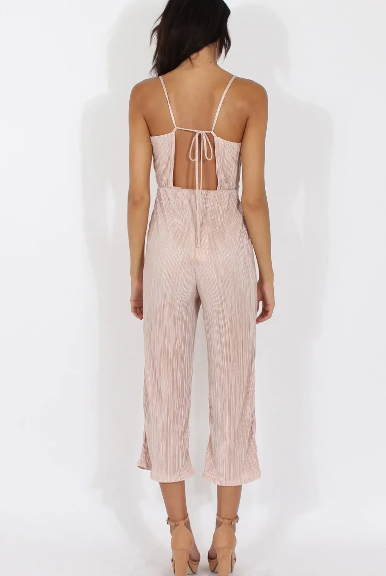 Rebellious Fashion Nude Metallic Pleated Cropped Jumpsuit - Arabella