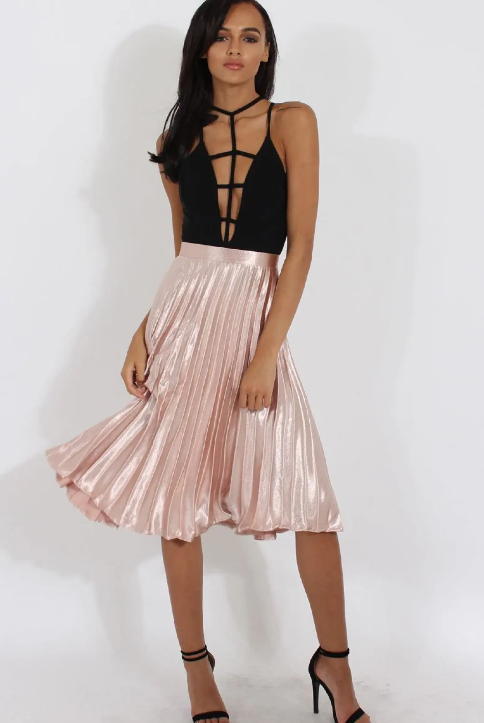 Rebellious Fashion Nude Metallic Pleated Midi Skirt - Vera