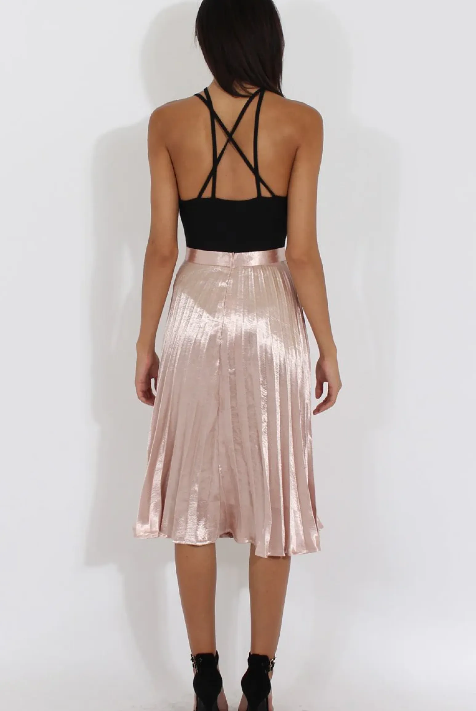 Rebellious Fashion Nude Metallic Pleated Midi Skirt - Vera
