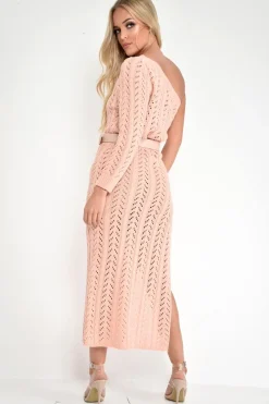 Rebellious Fashion Nude One Shoulder Open Knit Maxi Dress - Dierra