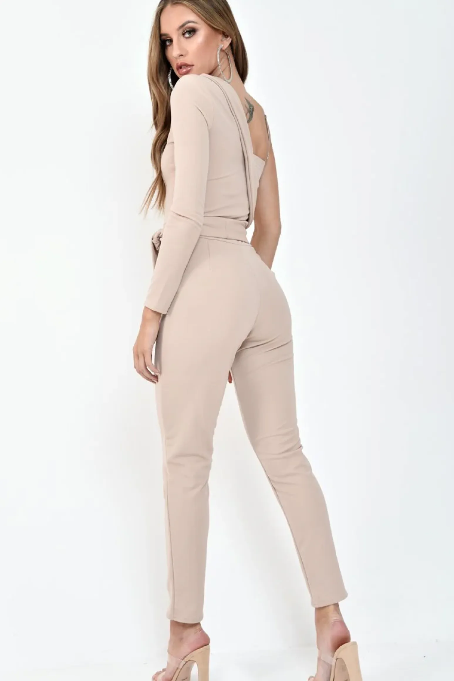 Rebellious Fashion Nude One Shoulder Wrap Front Belted Jumpsuit - Henya