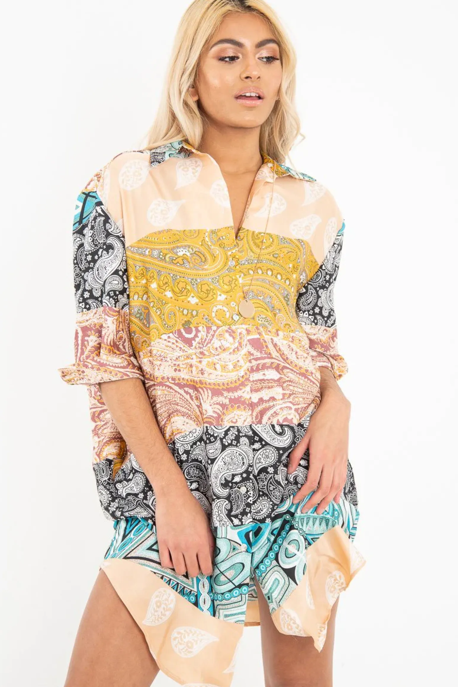 Rebellious Fashion Nude Paisley Satin Midi Shirt Dress - Ilsa