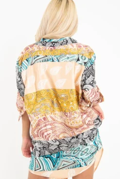 Rebellious Fashion Nude Paisley Satin Midi Shirt Dress - Ilsa