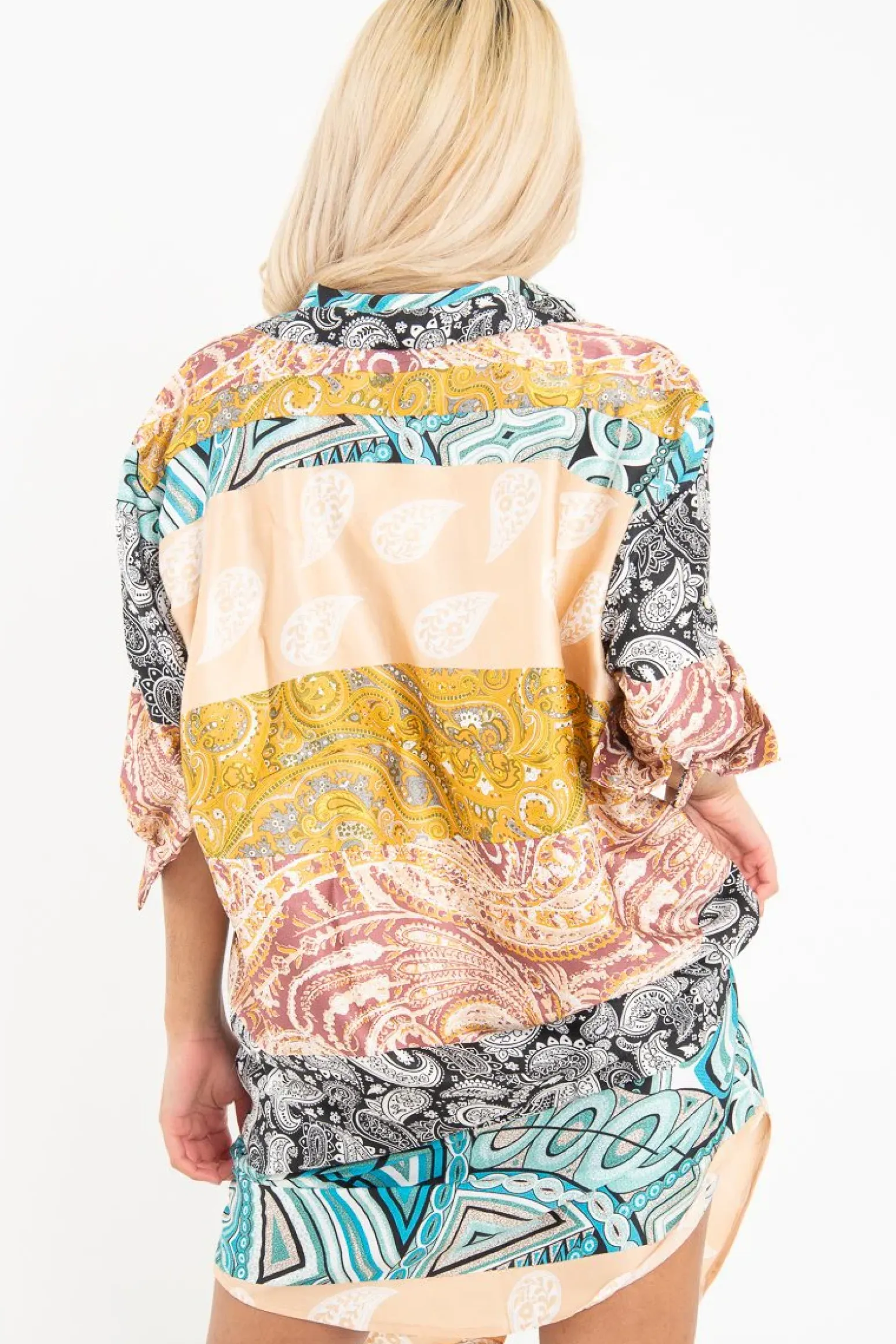 Rebellious Fashion Nude Paisley Satin Midi Shirt Dress - Ilsa