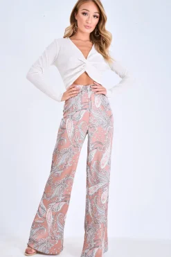 Rebellious Fashion Nude Paisley Wide Leg Trousers - Tisha