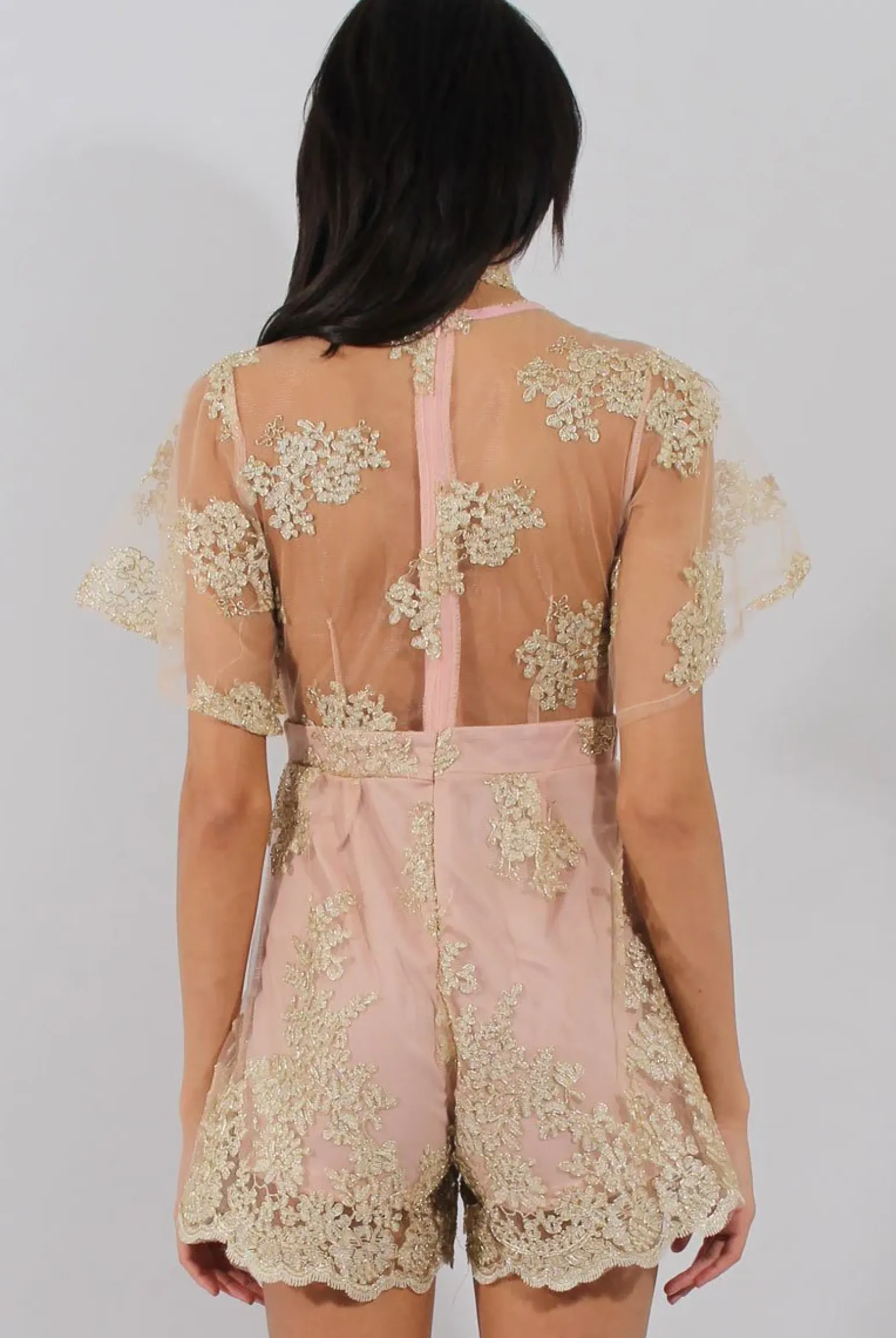 Rebellious Fashion Nude Pink & Gold Embellished Playsuit- Arizona
