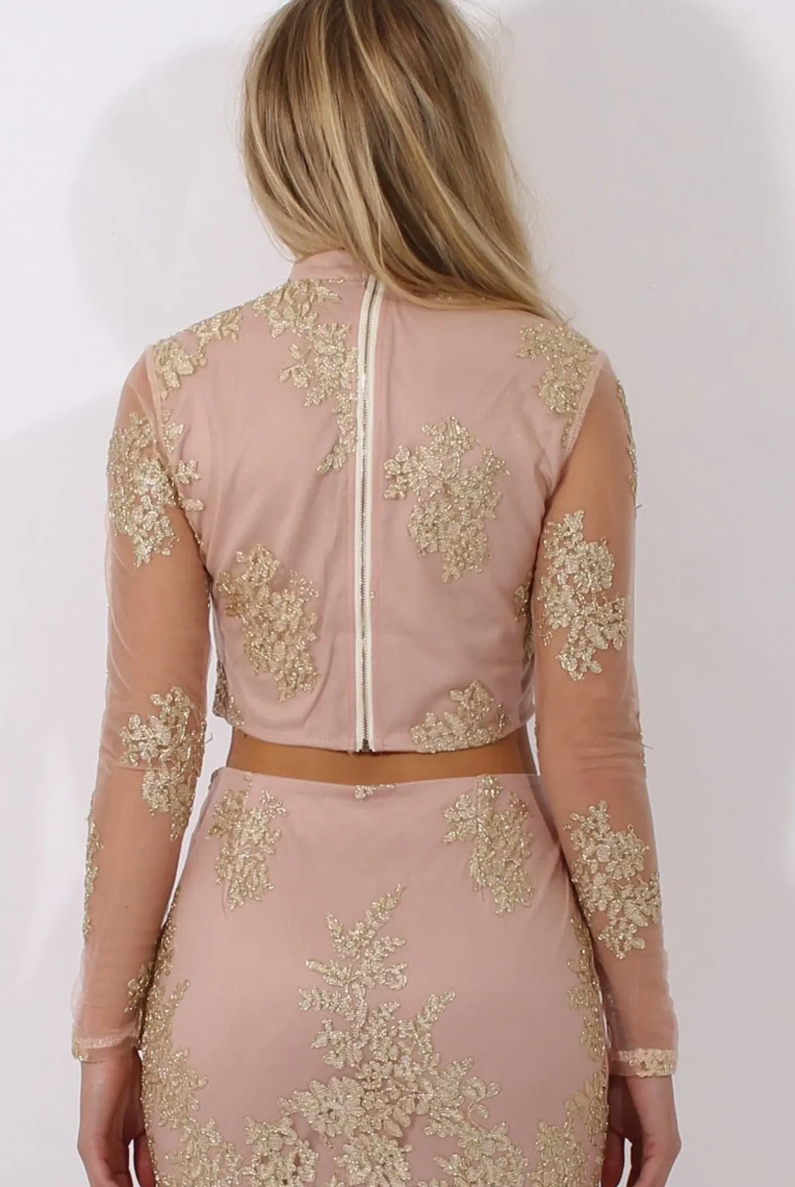 Rebellious Fashion Nude Pink & Gold Embellished Crop Top - Clarita