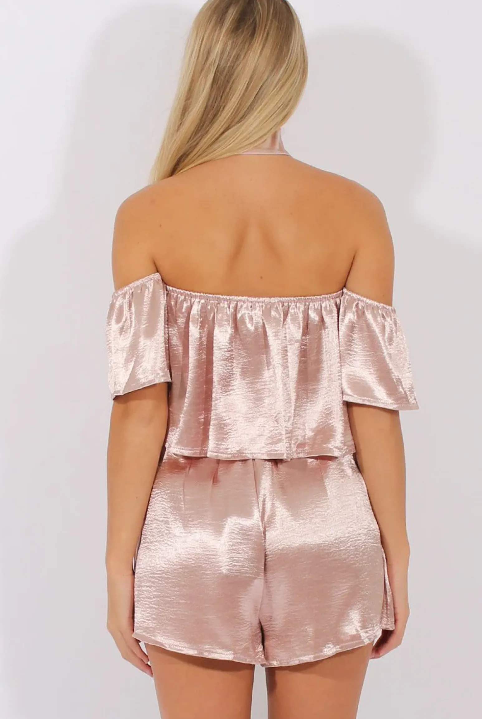 Rebellious Fashion Nude Pink Silk Choker Bardot Co-ord - Cari