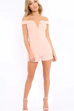 Rebellious Fashion Nude Plunge Bardot Playsuit - Fae