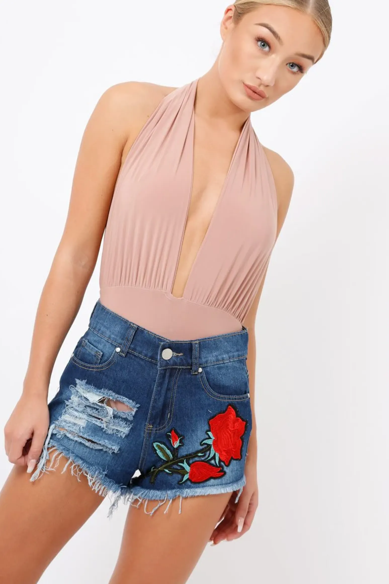 Rebellious Fashion Nude Plunge Halterneck Bodysuit - Lona