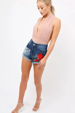 Rebellious Fashion Nude Plunge Halterneck Bodysuit - Lona