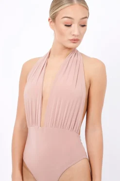 Rebellious Fashion Nude Plunge Halterneck Bodysuit - Lona