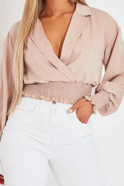 Rebellious Fashion Nude Plunge Shirred Waist Top - Ciera