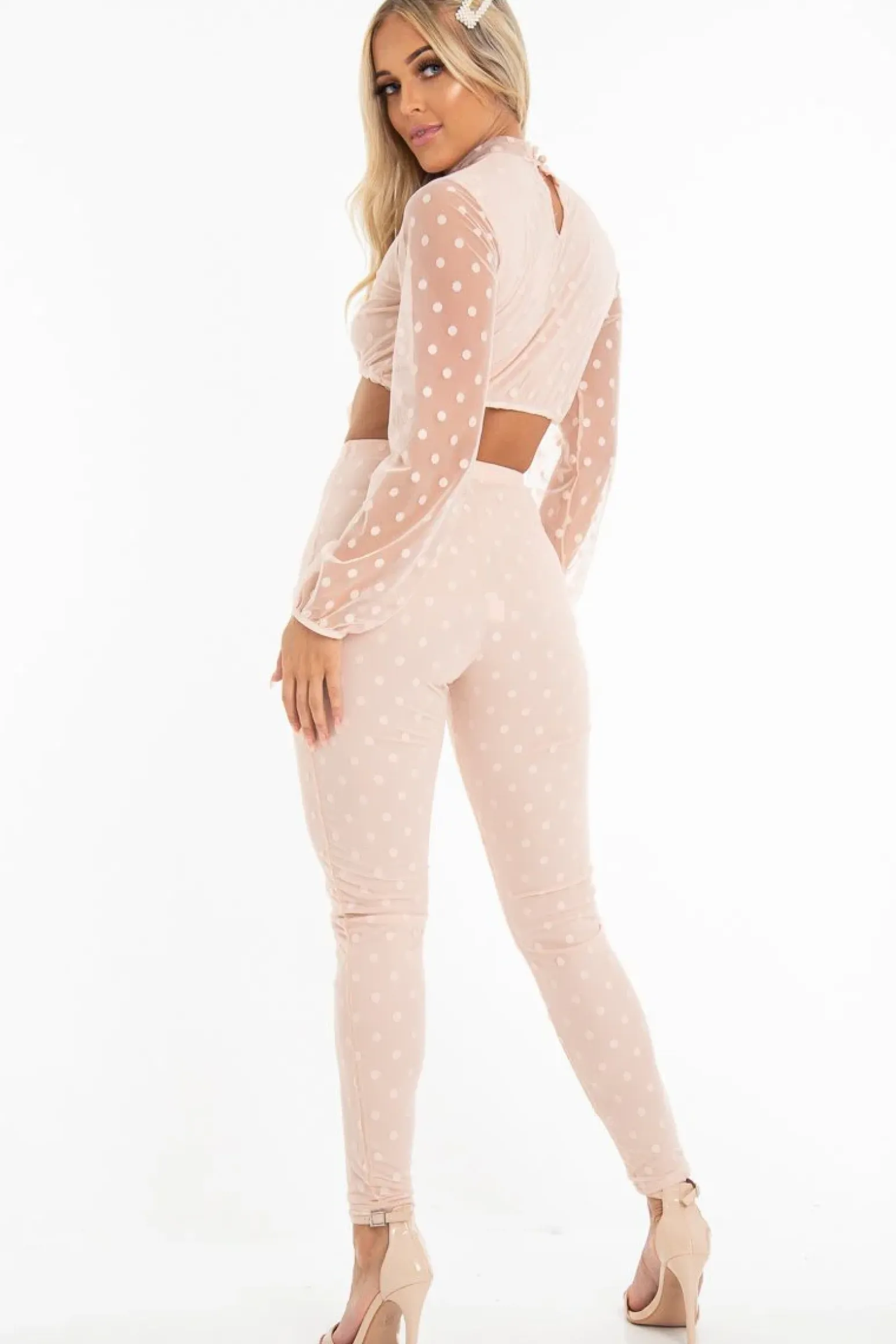 Rebellious Fashion Nude Polka Dot Mesh Crop Top Leggings Co-Ord - Sofia