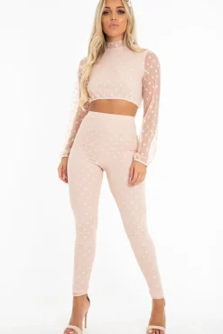 Rebellious Fashion Nude Polka Dot Mesh Crop Top Leggings Co-Ord - Sofia