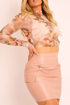 Rebellious Fashion Nude PU Side Zip Mini Skirt - Iris