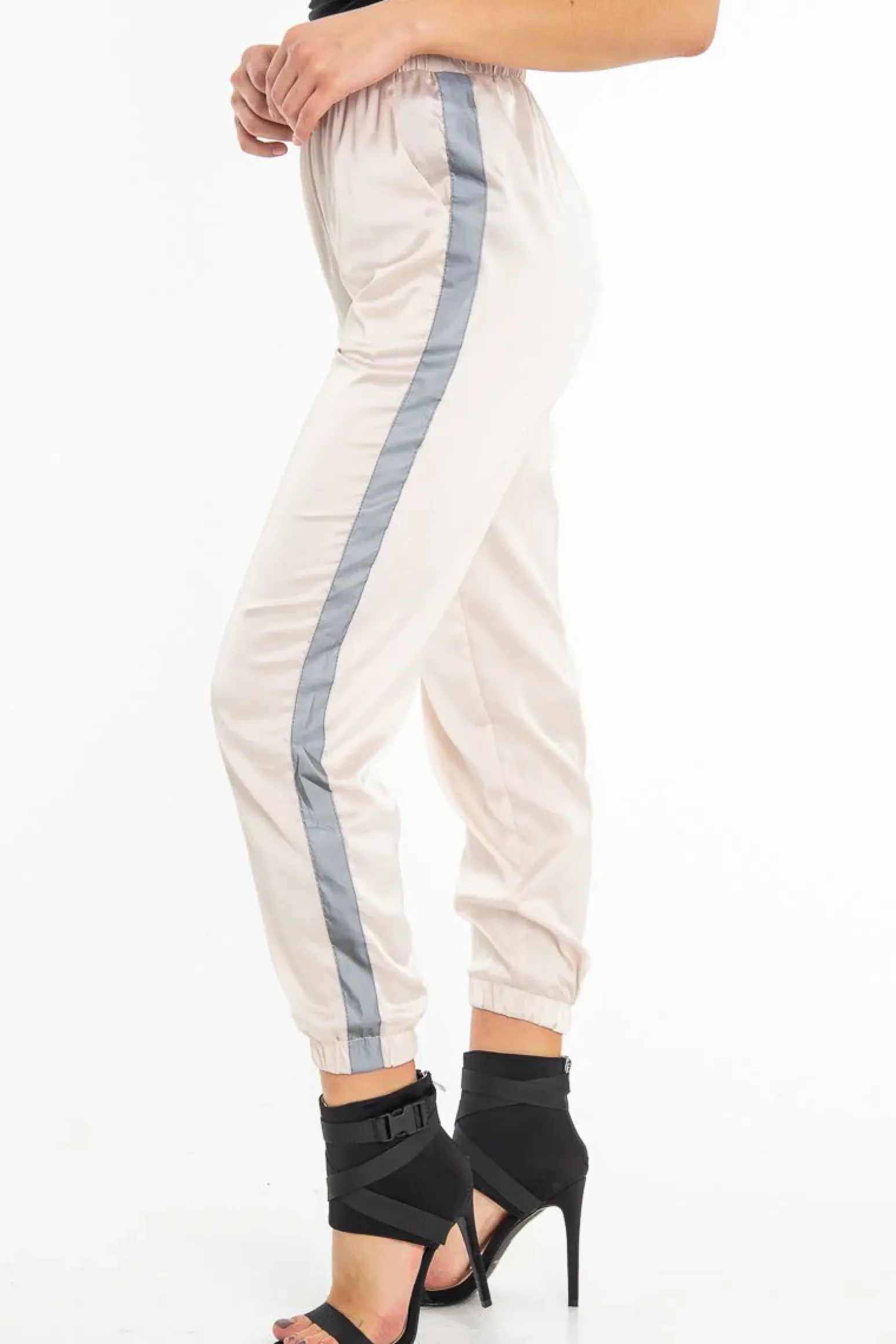 Rebellious Fashion Nude Reflective Stripe Detail Joggers - Rosealee