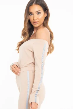 Rebellious Fashion Nude Reflective Stripe Side Bardot Crop Top - Reece
