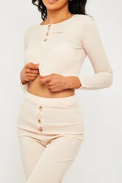 Rebellious Fashion Nude Ribbed Button Front Top + Trouser Co-ord - Emani