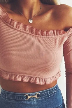 Rebellious Fashion Nude Ribbed Frill Bardot Crop Top - Cassidy