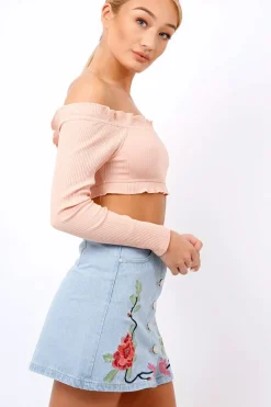 Rebellious Fashion Nude Ribbed Frill Bardot Crop Top - Cassidy