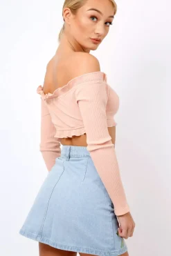 Rebellious Fashion Nude Ribbed Frill Bardot Crop Top - Cassidy