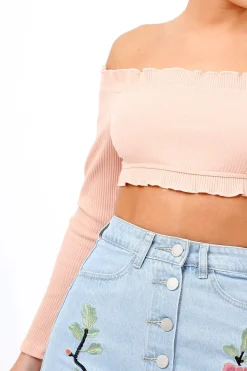 Rebellious Fashion Nude Ribbed Frill Bardot Crop Top - Cassidy