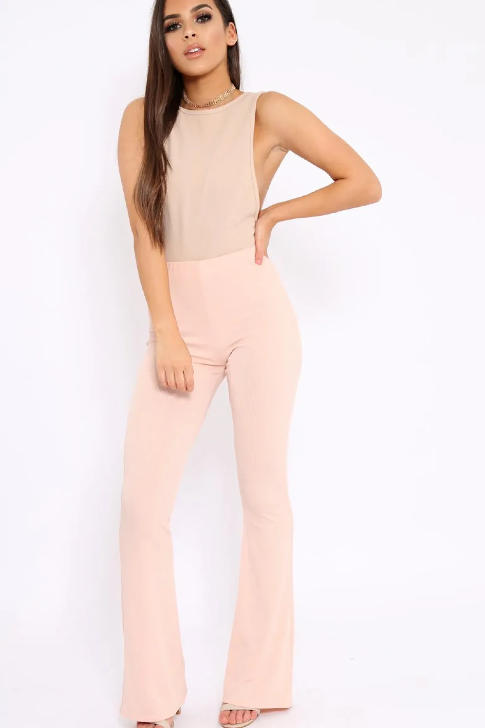 Rebellious Fashion Nude Ribbed Kick Flare Trousers - Chlo