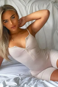Rebellious Fashion Nude Ribbed Zip Front Unitard Playsuit - Lanay