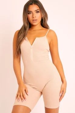 Rebellious Fashion Nude Ribbed Zip Front Unitard Playsuit - Lanay