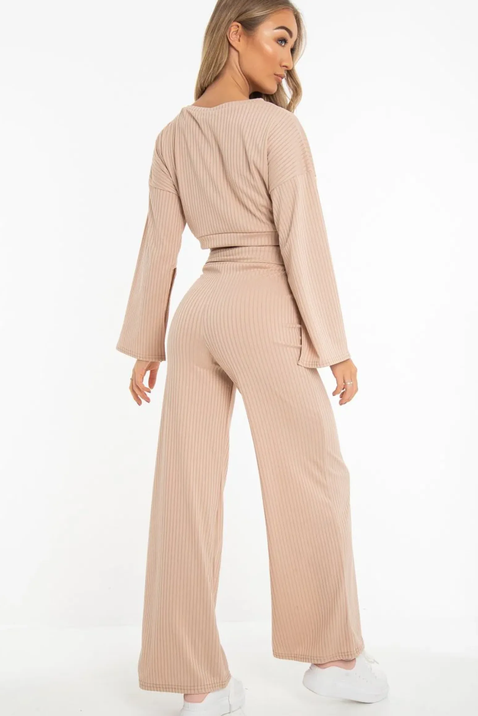 Rebellious Fashion Nude Rib Crop Jumper Tie Wide Leg Trousers Loungewear Co-Ord - Mirabel