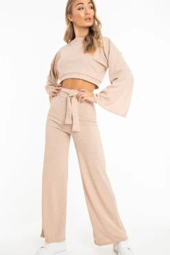 Rebellious Fashion Nude Rib Crop Jumper Tie Wide Leg Trousers Loungewear Co-Ord - Mirabel