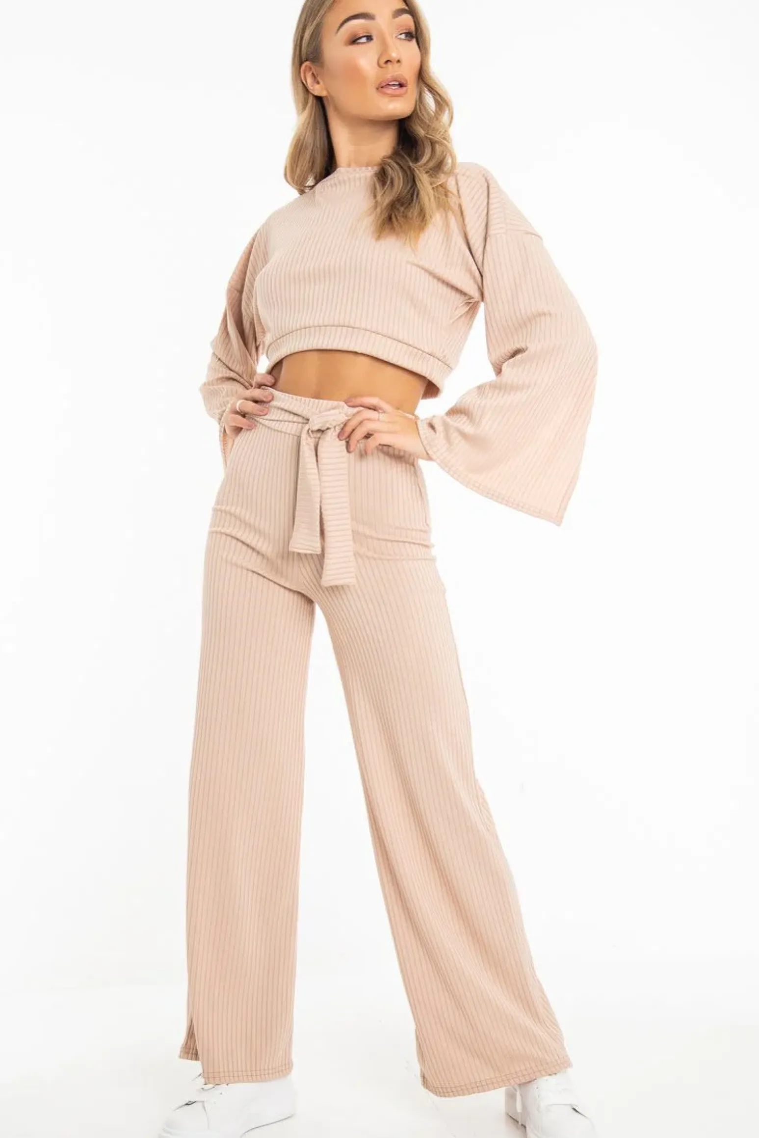 Rebellious Fashion Nude Rib Crop Jumper Tie Wide Leg Trousers Loungewear Co-Ord - Mirabel