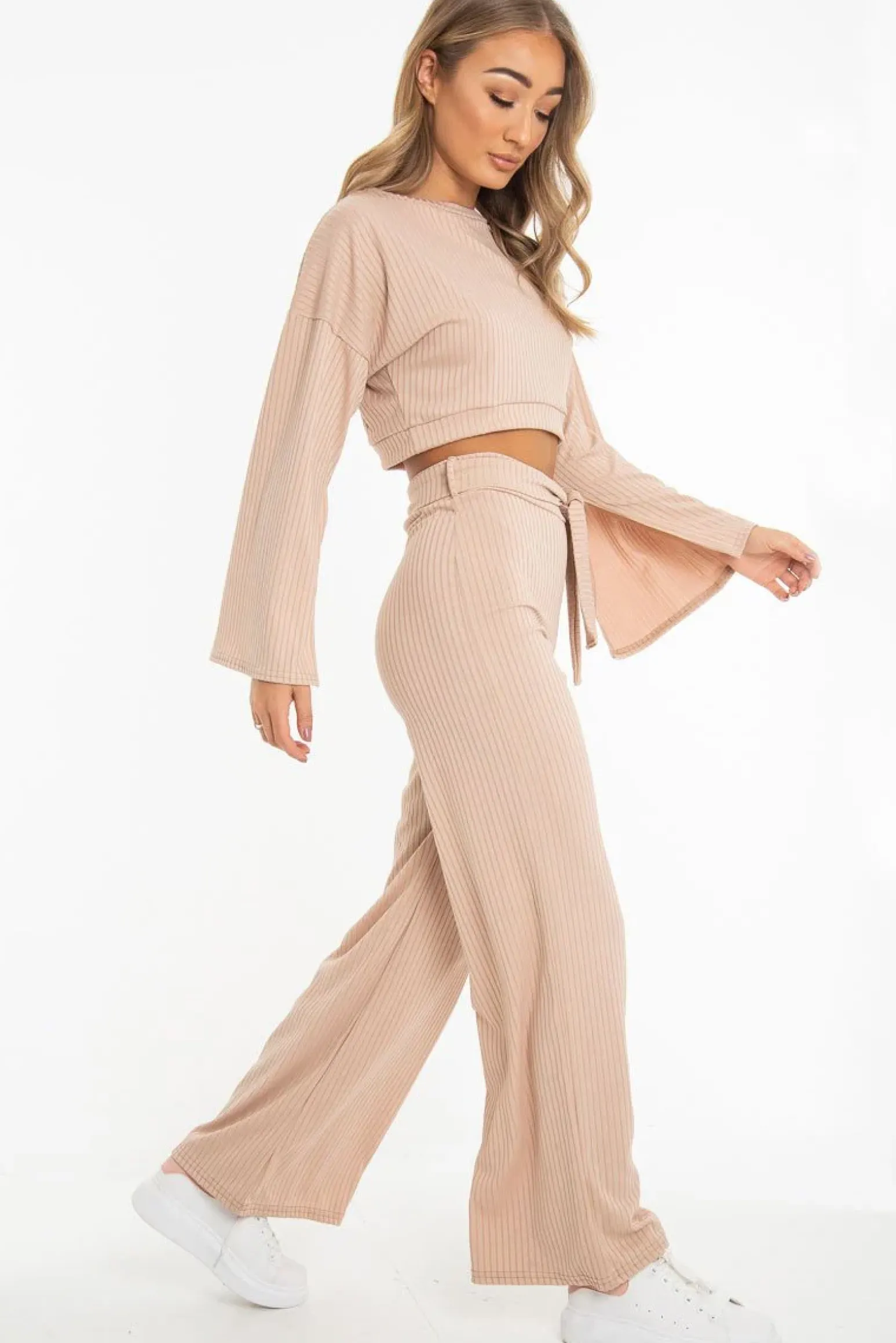 Rebellious Fashion Nude Rib Crop Jumper Tie Wide Leg Trousers Loungewear Co-Ord - Mirabel