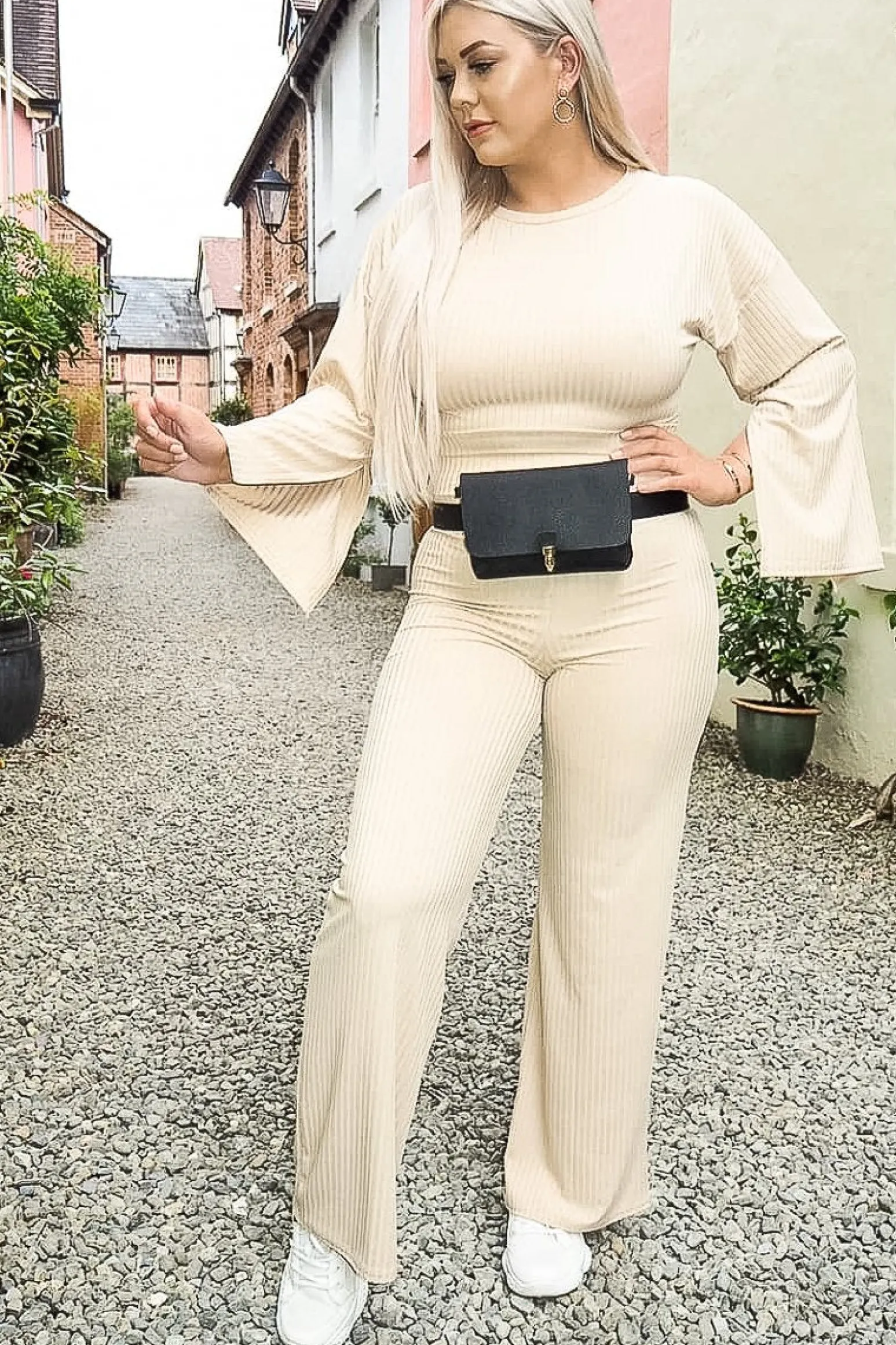 Rebellious Fashion Nude Rib Crop Jumper Tie Wide Leg Trousers Loungewear Co-Ord - Mirabel