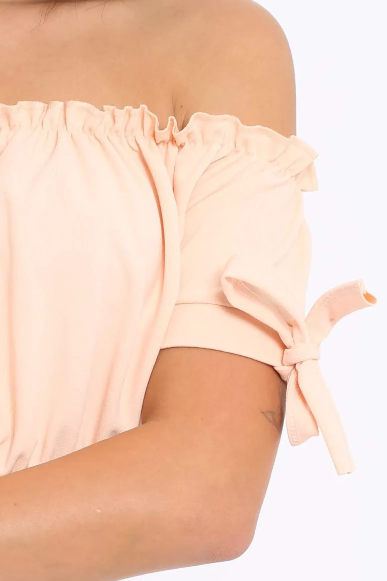 Rebellious Fashion Nude Ruched Bardot Gypsy Crop Top - Janette