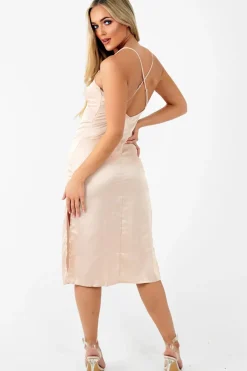 Rebellious Fashion Nude Satin Cami Strap Satin Midi Dress - Sadia