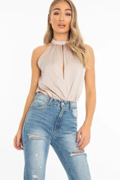 Rebellious Fashion Nude Satin High Neck Keyhole Detail Bodysuit - Kalina