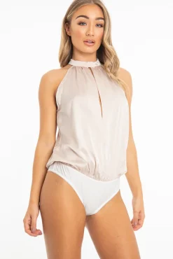 Rebellious Fashion Nude Satin High Neck Keyhole Detail Bodysuit - Kalina