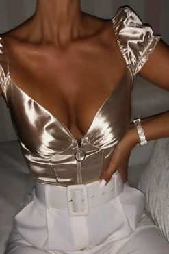 Rebellious Fashion Nude Satin Milkmaid Ring Zip Crop Top - Aariel