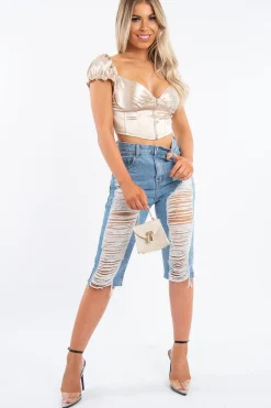 Rebellious Fashion Nude Satin Milkmaid Ring Zip Crop Top - Aariel