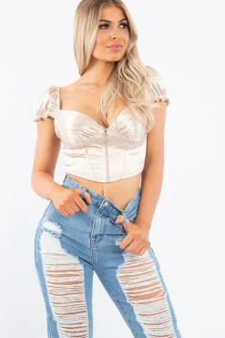 Rebellious Fashion Nude Satin Milkmaid Ring Zip Crop Top - Aariel